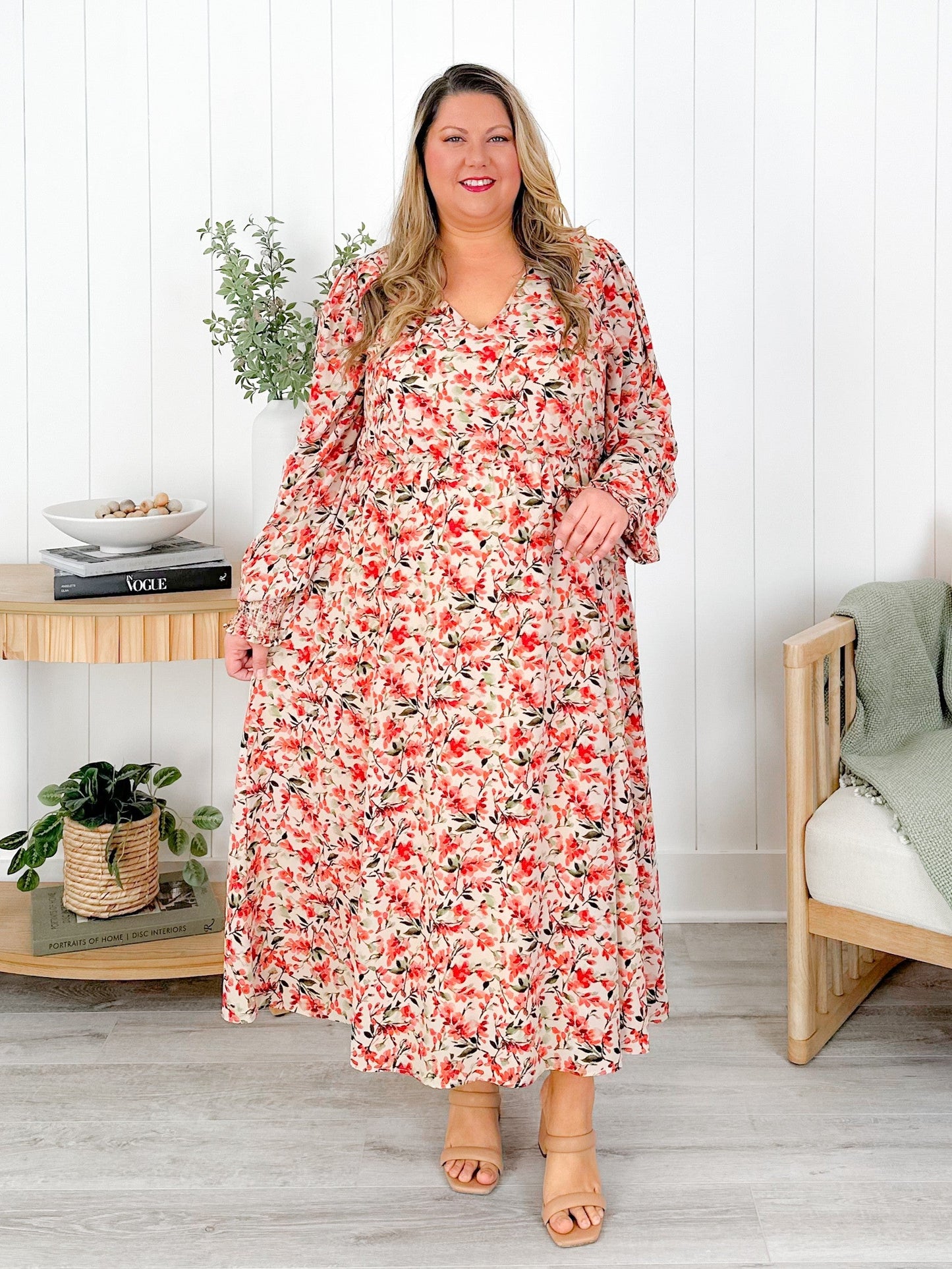 Plus/Reg Floral Long Sleeve V Neck Elastic Waist Midi Dress
