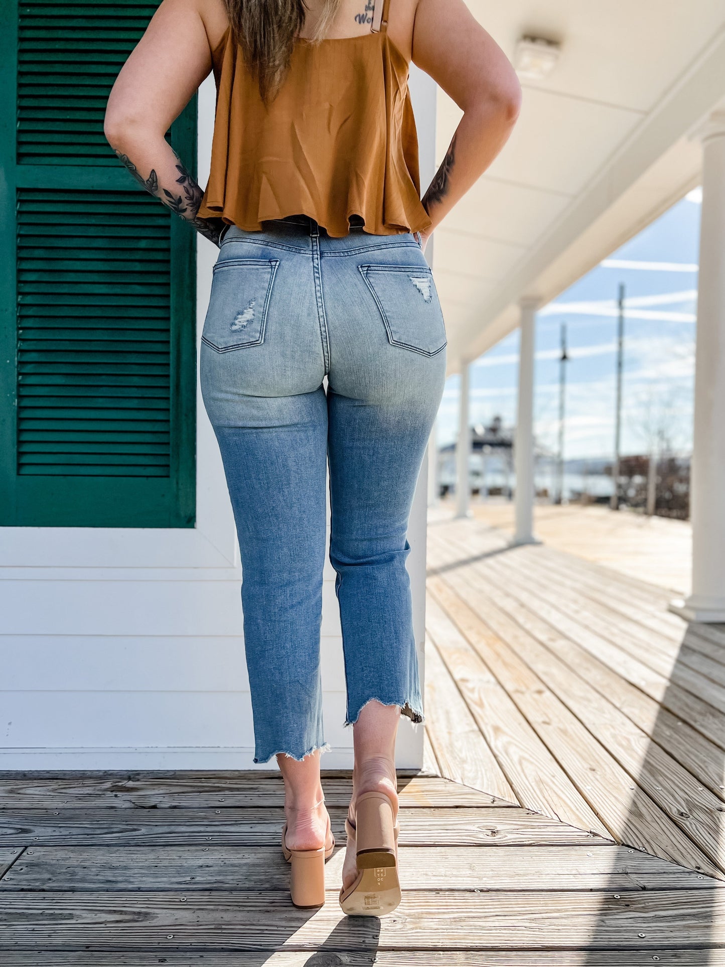 Judy Blue Look At Me Now Medium Wash Mid Rise Distressed Cropped Straight Leg Jeans