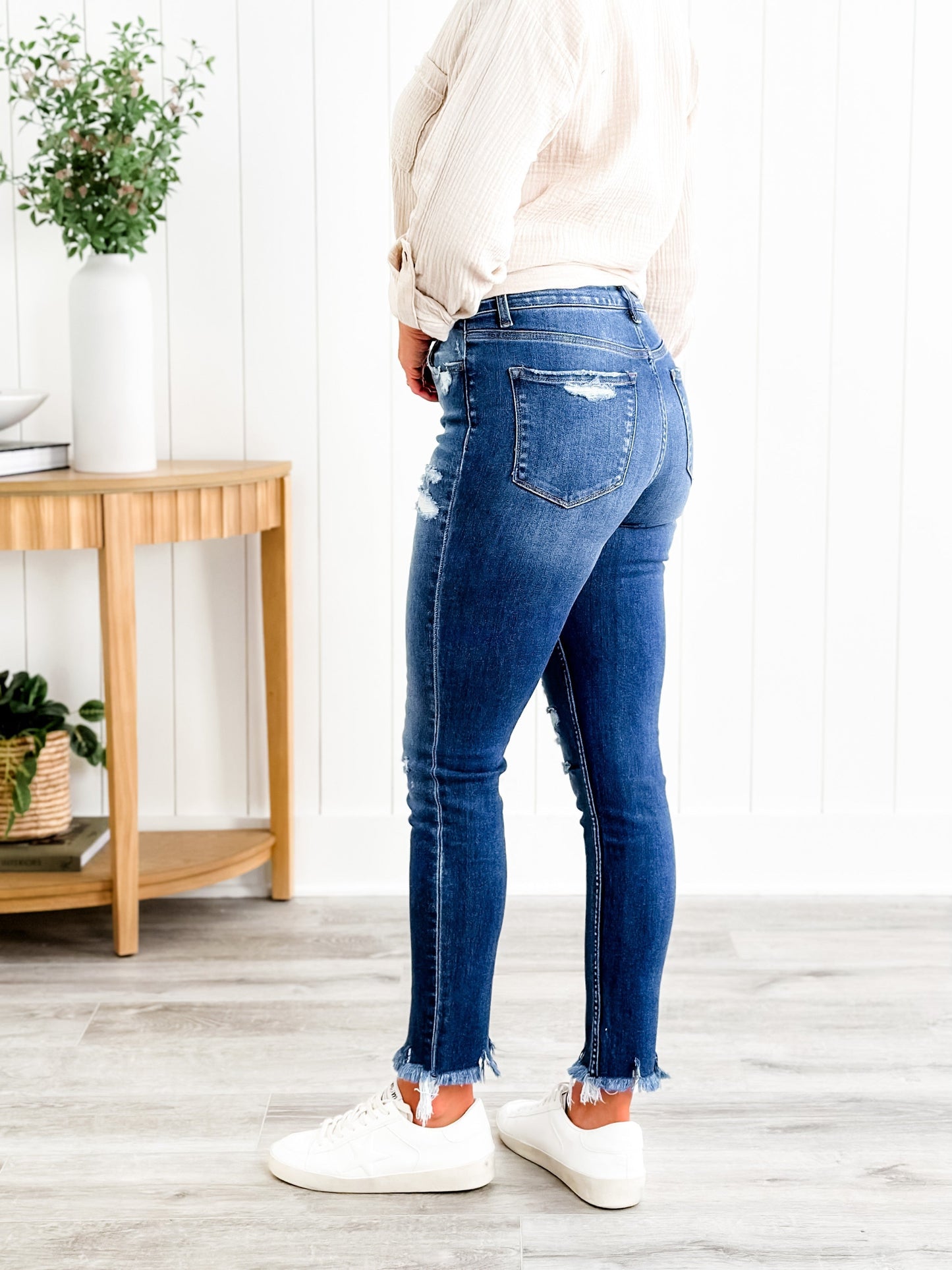 Vervet Parkside Medium Wash Distressed Button Down Skinny Jeans with Raw Ankle Hem