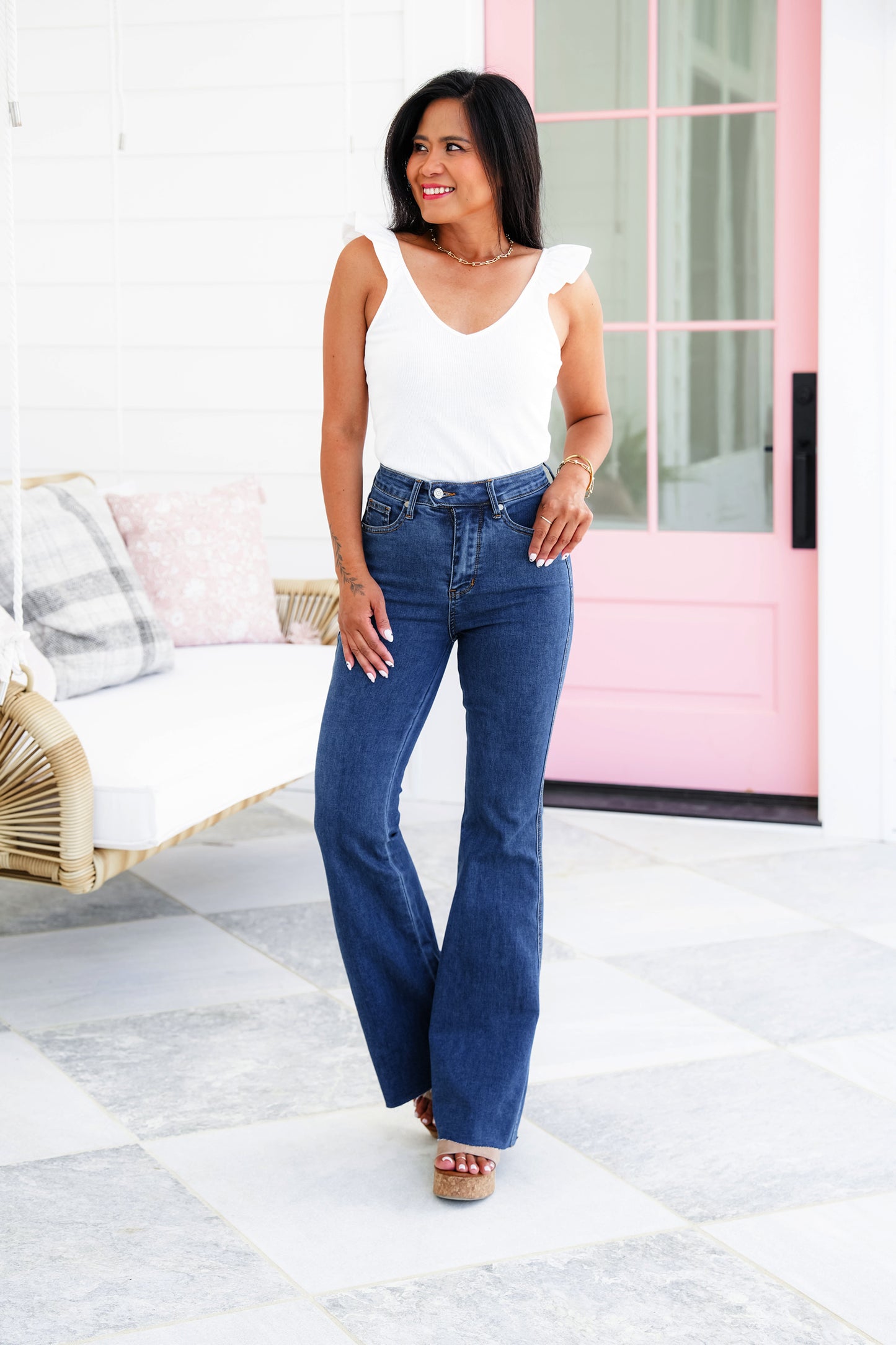 Judy Blue Triple Threat High Rise Medium Wash Cool Denim Tummy Control Top Flare Jeans