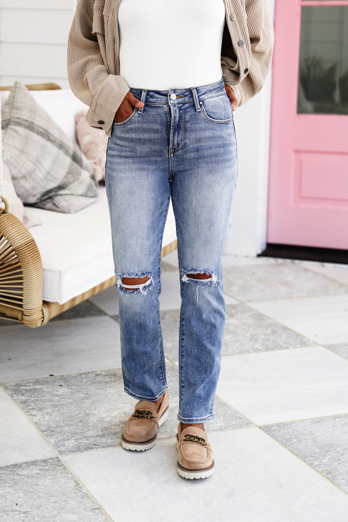 Risen Trophy Wife High Rise Medium Wash Ankle Slim Straight Leg