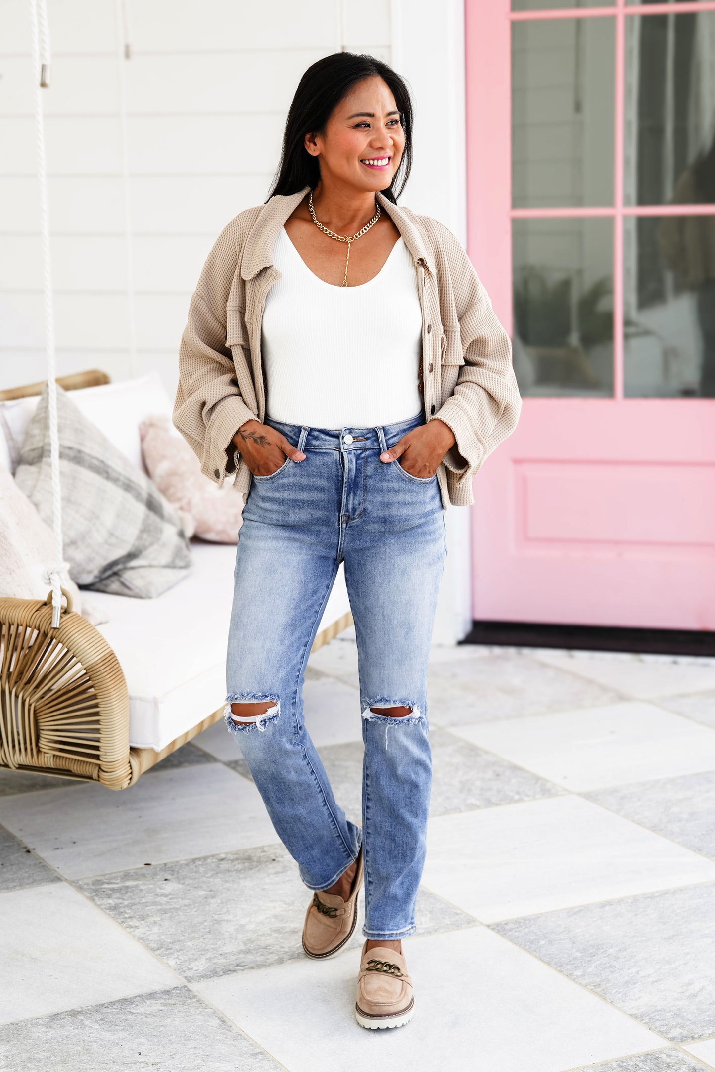 Risen Trophy Wife High Rise Medium Wash Ankle Slim Straight Leg