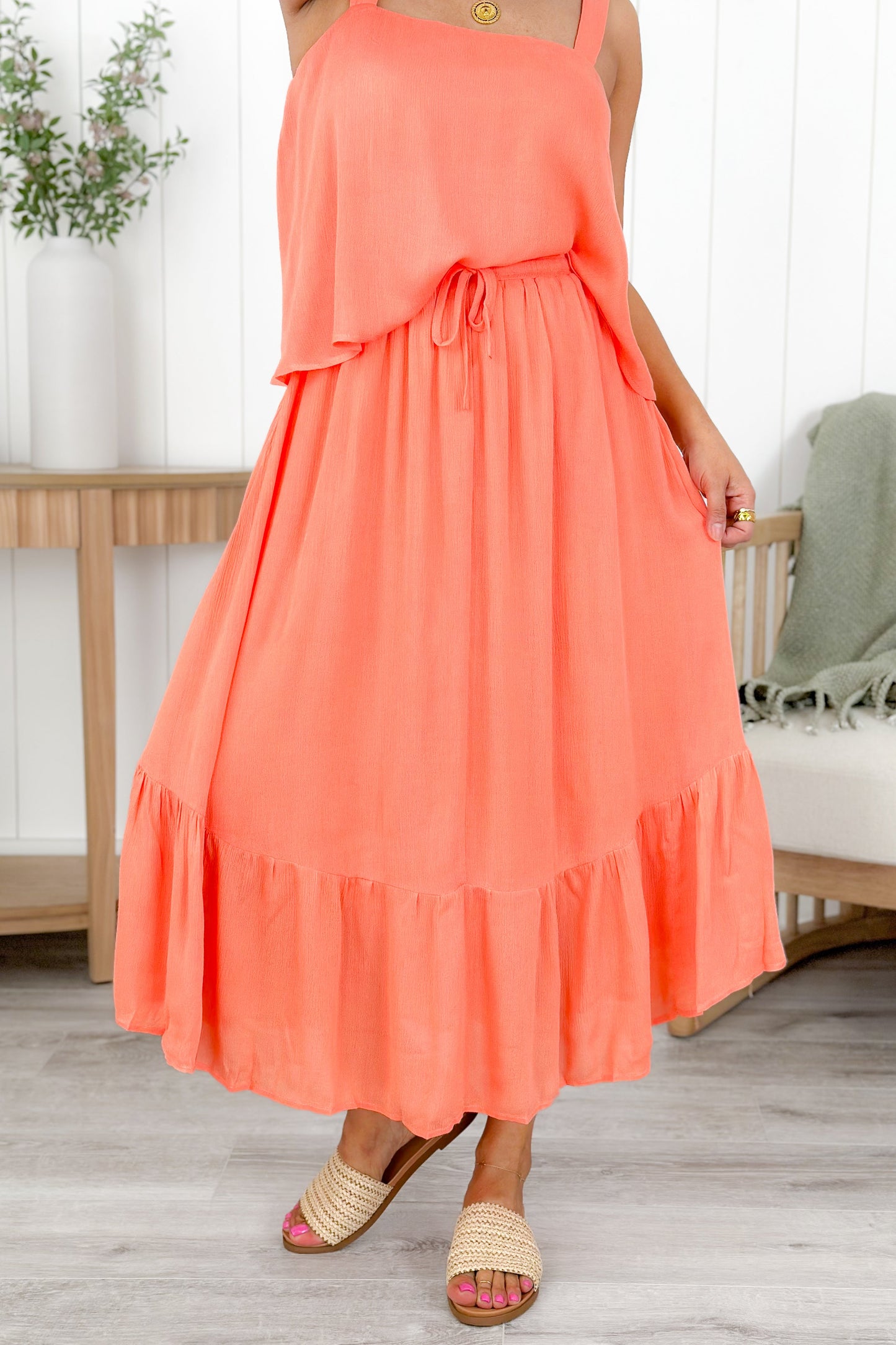 Solid Ruffle Hem Midi Skirt With Elastic Waistband (Multiple Colors)