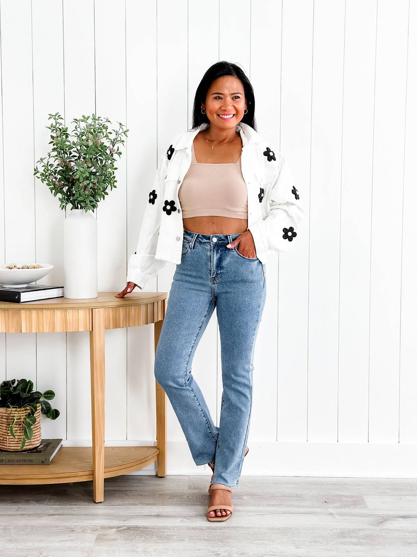 Risen Medium Wash High Rise Slim Straight Jeans With Rhinestones