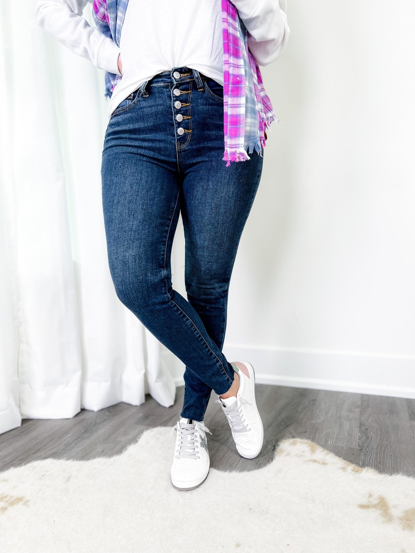 Judy Blue 5 star review! Dark Wash High Rise Button Fly Cut Off Skinny Jeans