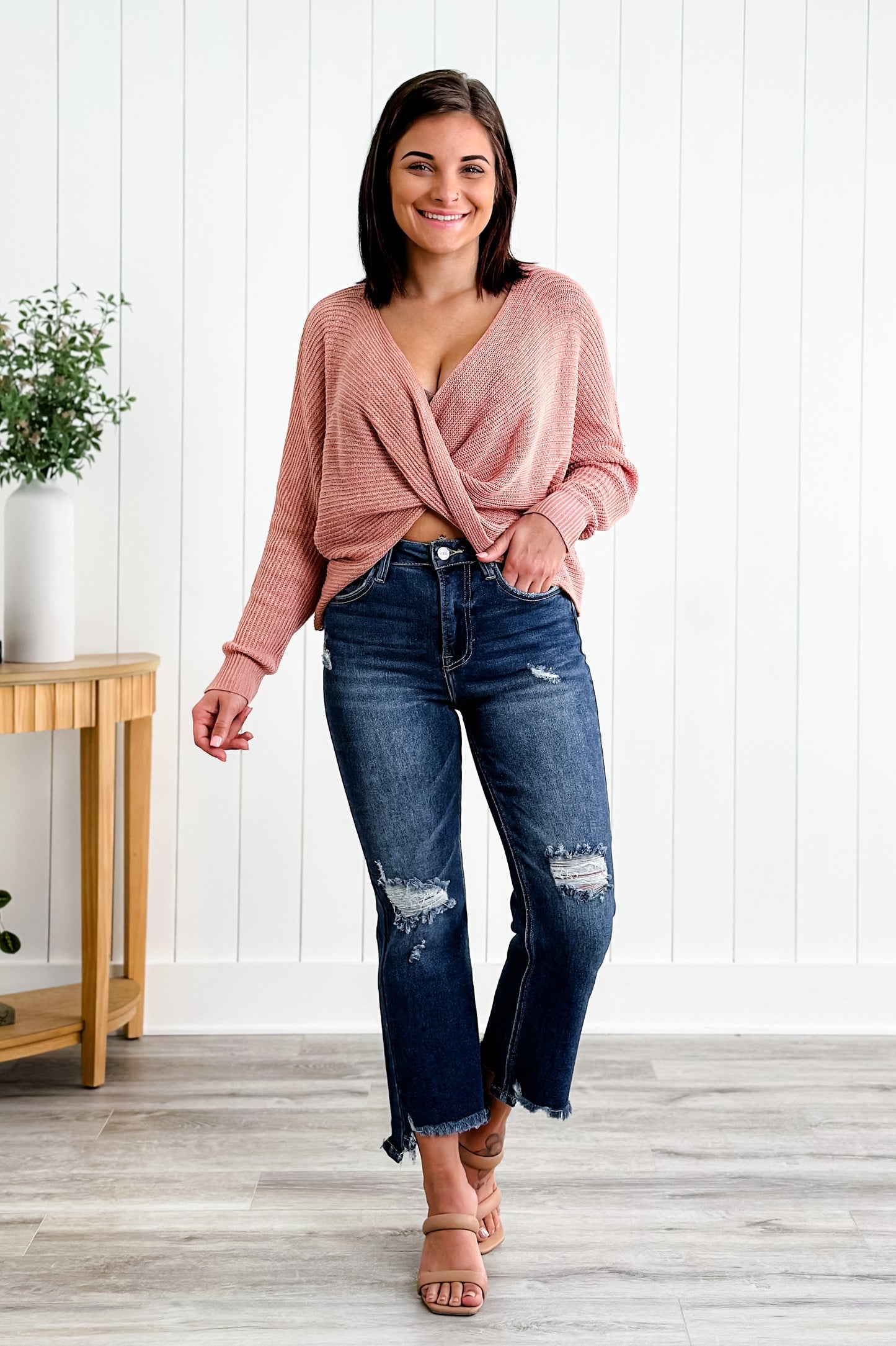 Risen High Rise Dark Wash Crop Step Chew Jeans