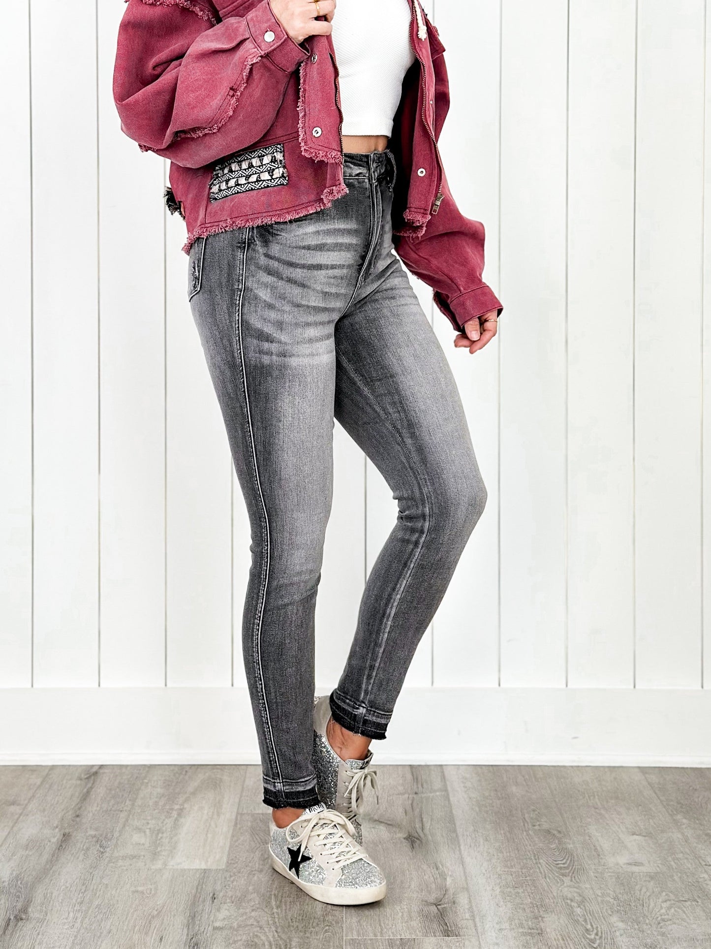 Judy Blue 50 Shades of Grey High Rise Grey Wash Tummy Control Skinny Jeans With Release Hem