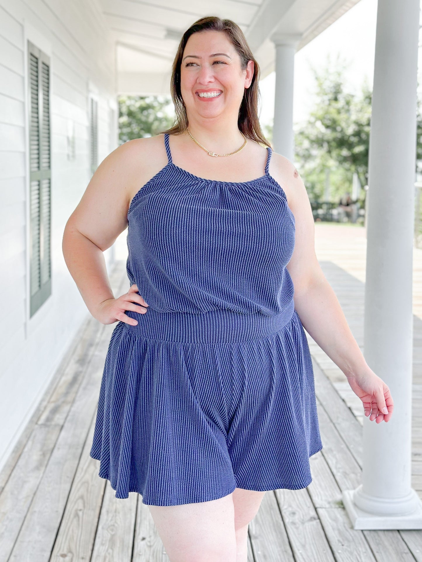 Plus/Reg Sleeveless Rib Knit Romper With Elastic Waist