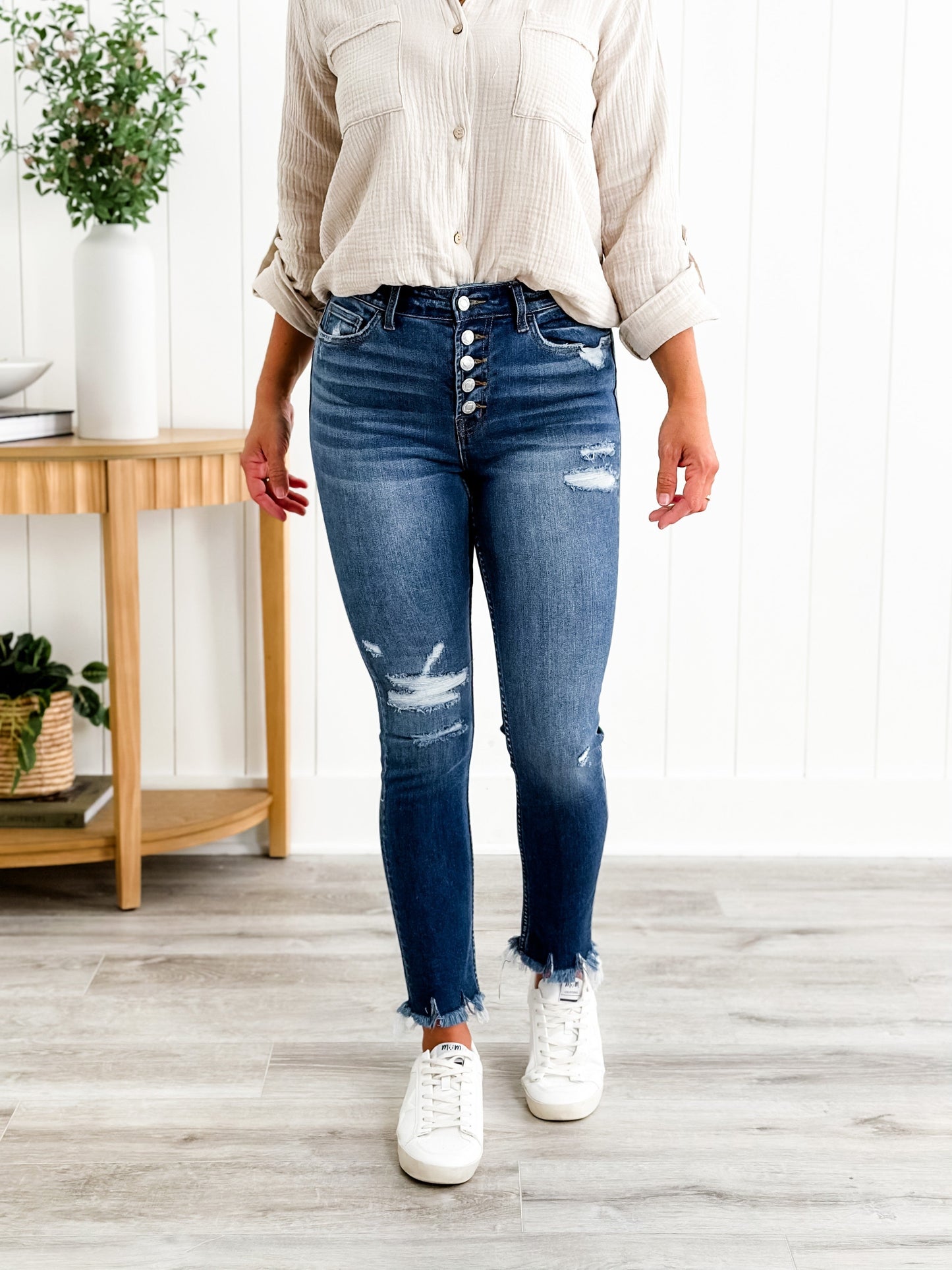 Vervet Parkside Medium Wash Distressed Button Down Skinny Jeans with Raw Ankle Hem