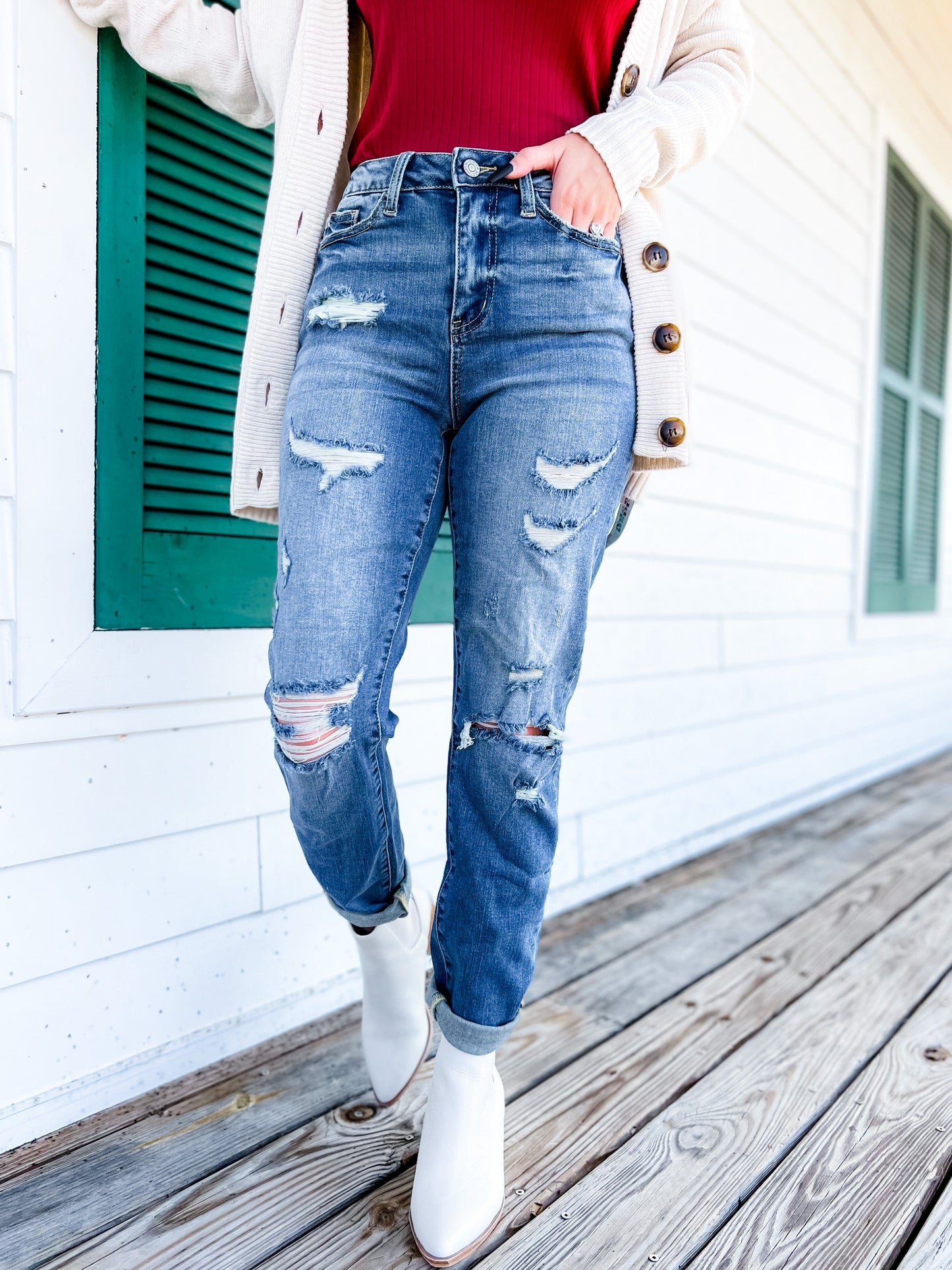 Judy Blue Boy Toy Light Wash High Rise Cuffed Boyfriend Distressed Jeans