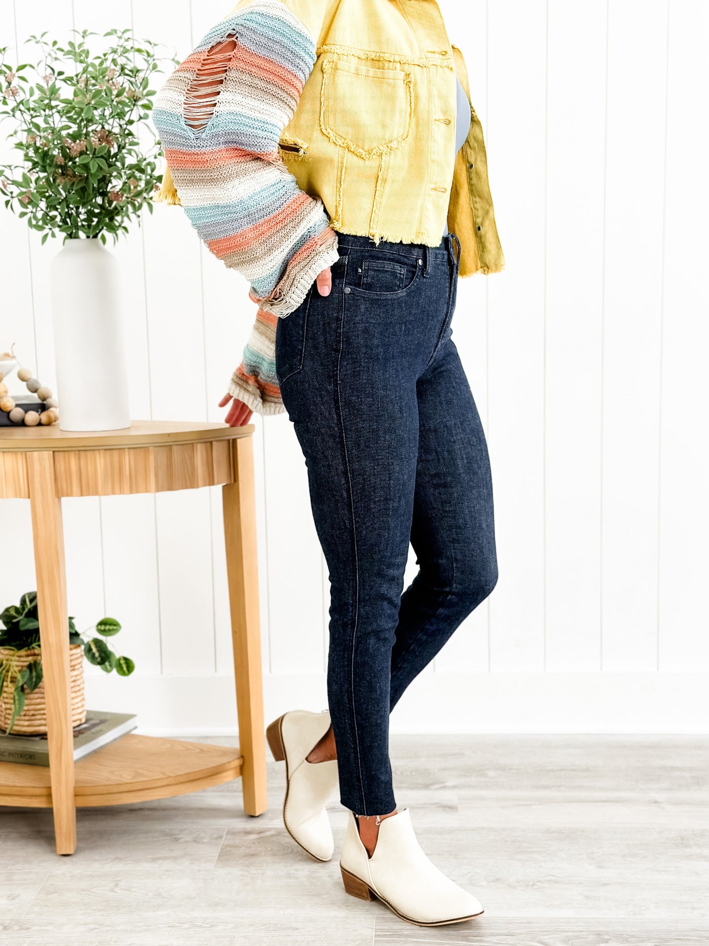 Judy Blue Starry Night High Rise Dark Wash Tummy Control Top Raw Hem Jeans