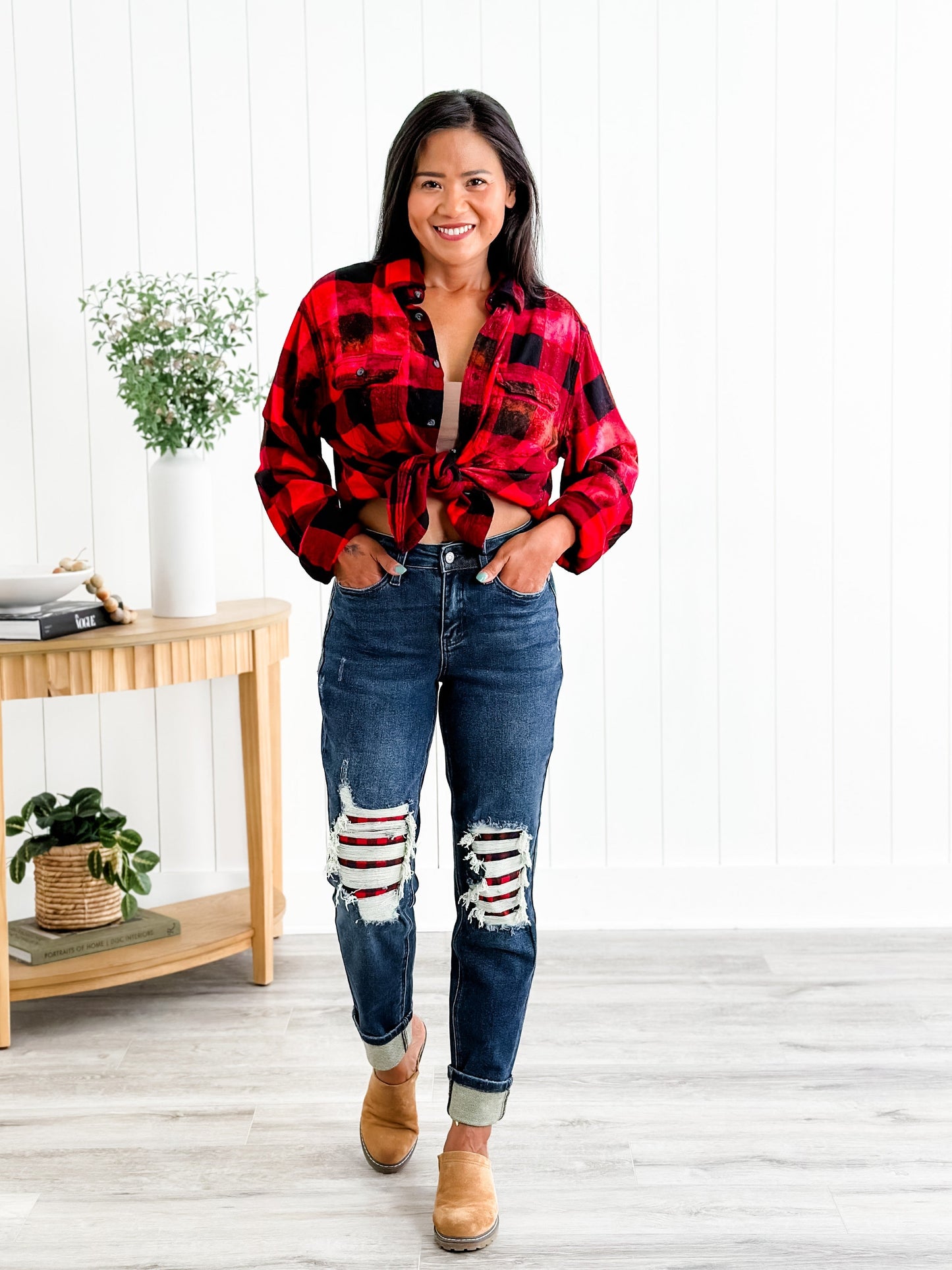 Judy Blue Warm and Cozy Mid Rise Dark Wash Boyfriend Buffalo Plaid Knee Destroy Patches With Cuff Jeans