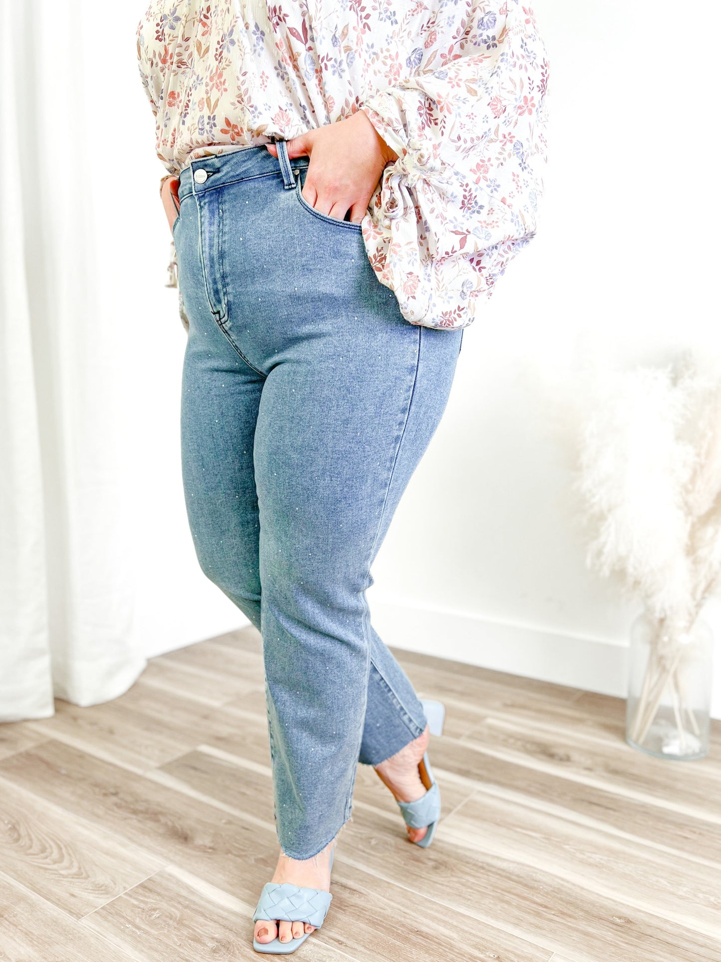 Risen Medium Wash High Rise Slim Straight Jeans With Rhinestones