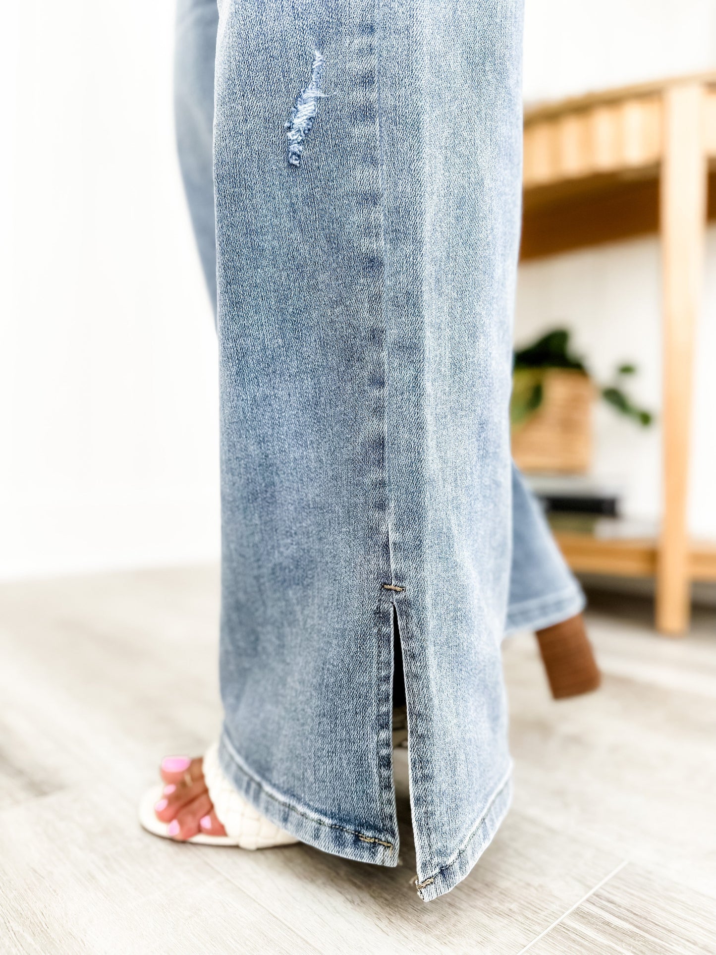 Risen Medium Wash Wide Leg Jeans with Side Slit