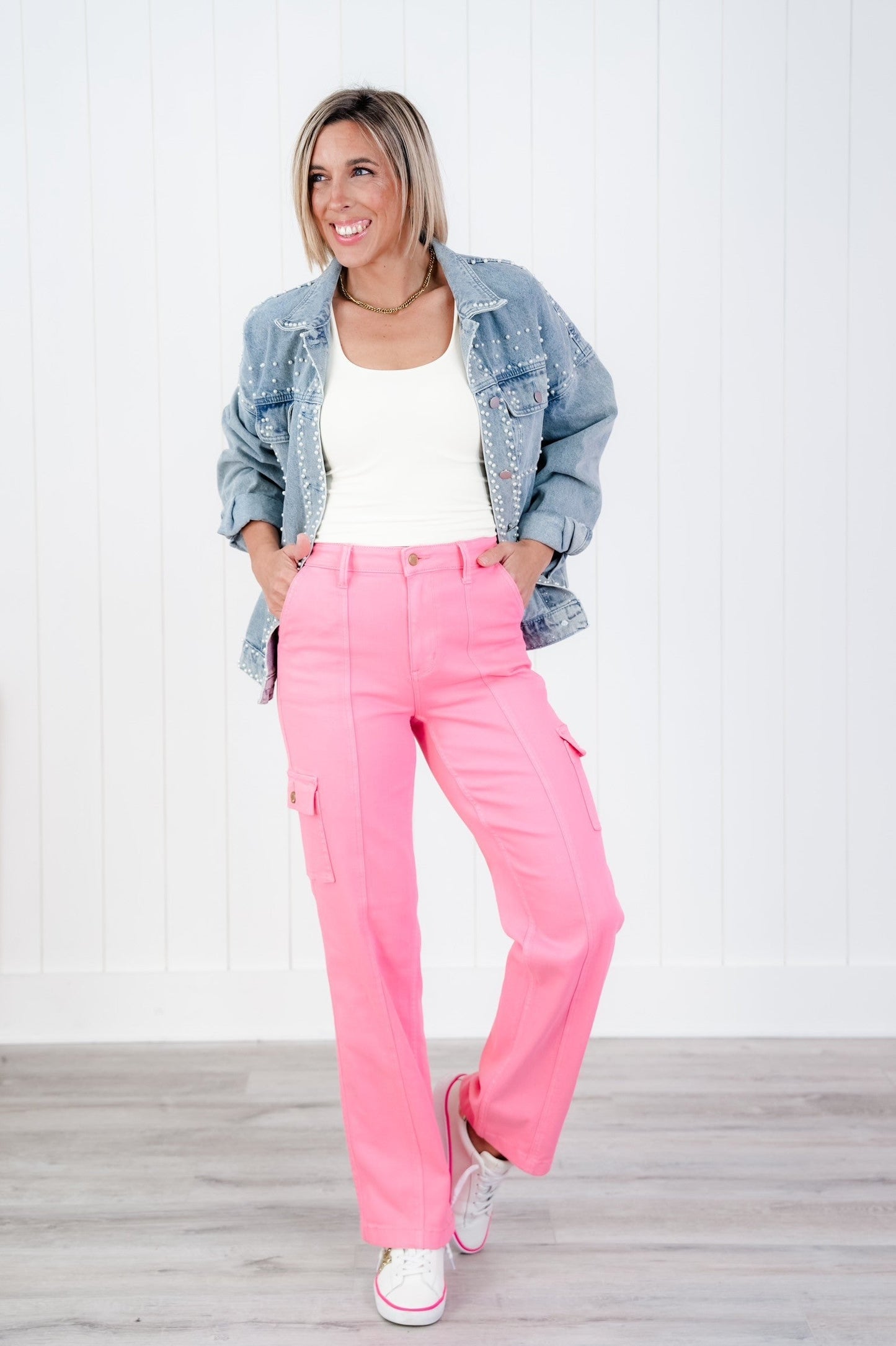 Judy Blue High Rise Pink Garment Dyed Cargo Straight Leg Jeans