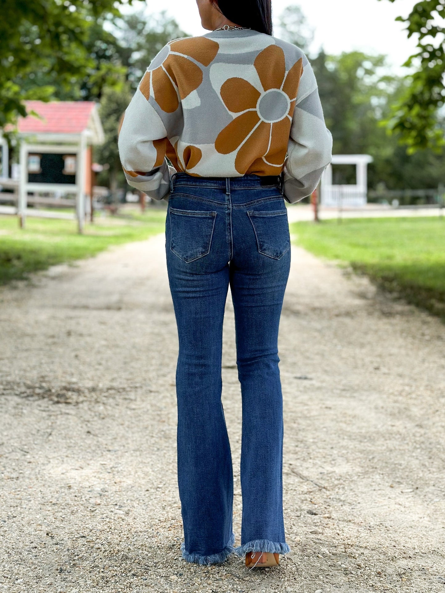 Risen Low Rise Dark Wash Distressed Flare Jeans