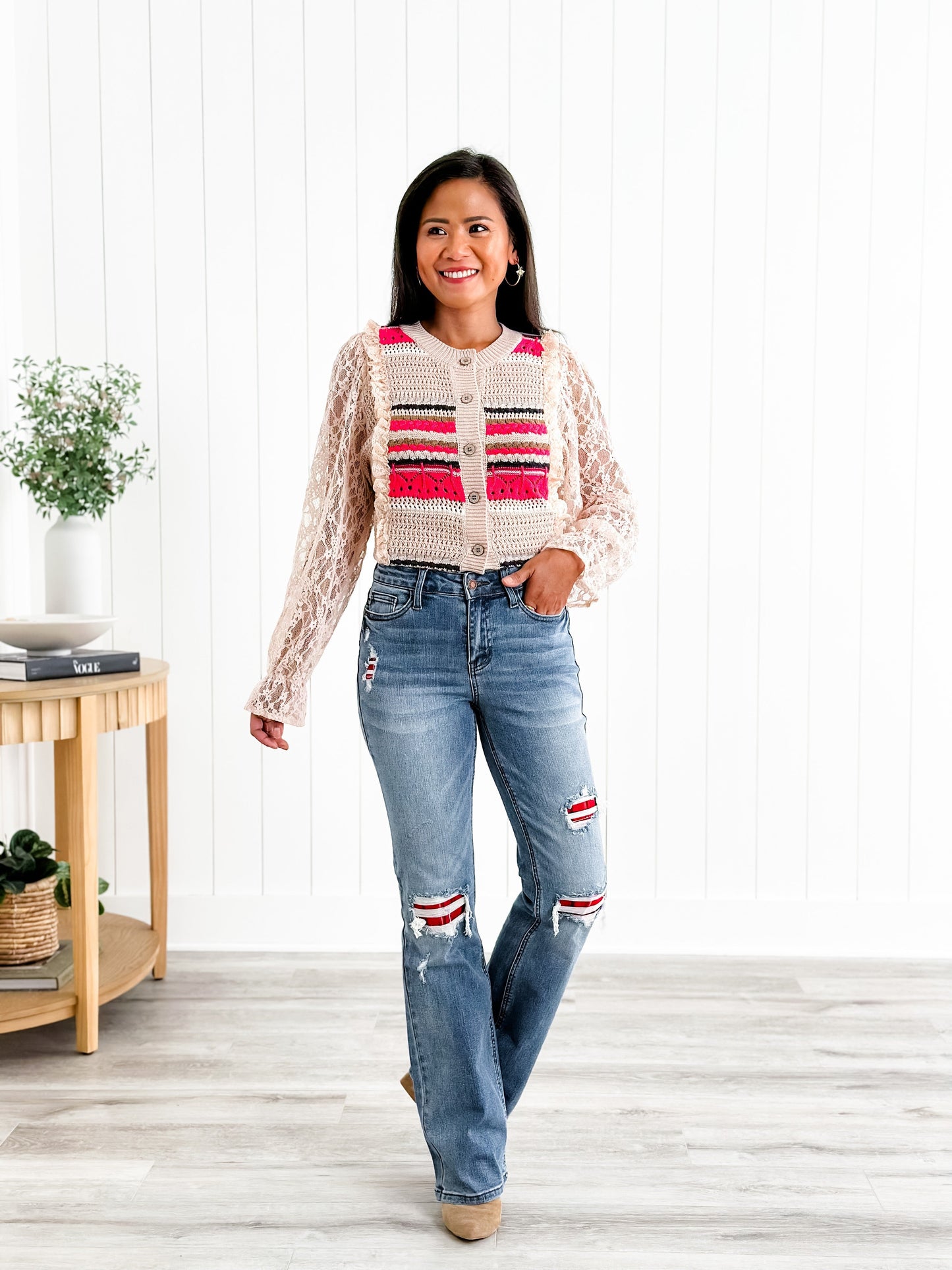 Judy Blue Plaid for You Mid Rise Medium Wash Bootcut Jeans With Patch Detail