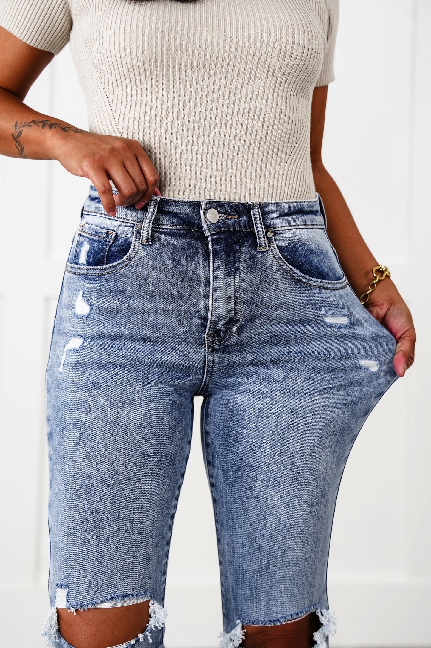 Risen Dressed to Impress High Rise Medium Wash Distressed Knee Ankle Flare Jeans