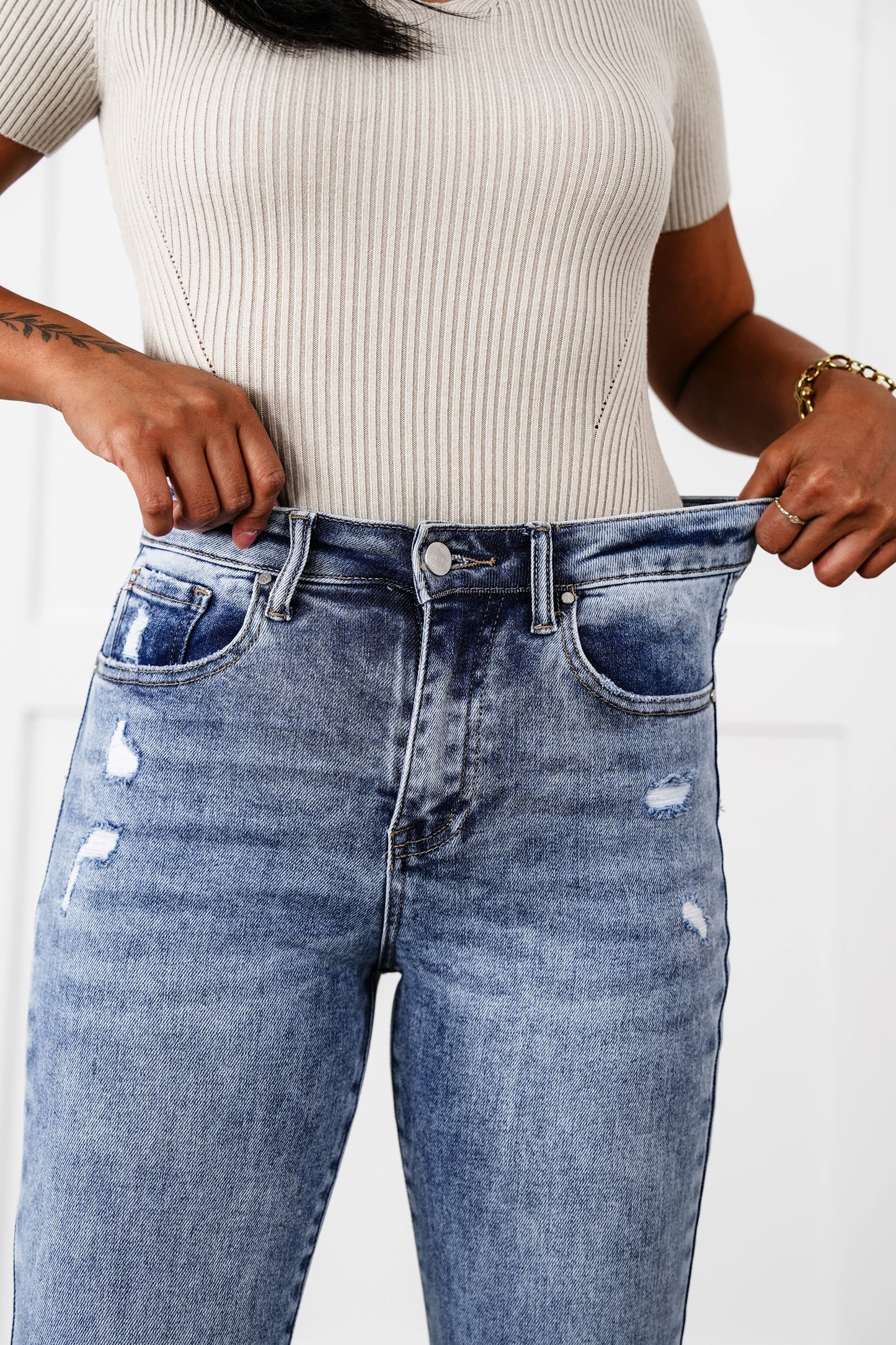 Risen Dressed to Impress High Rise Medium Wash Distressed Knee Ankle Flare Jeans