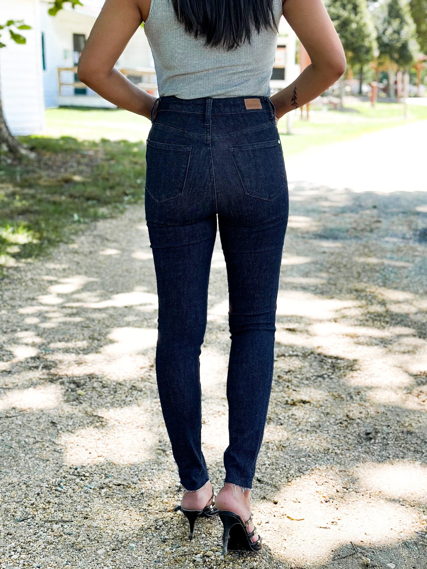 Judy Blue Starry Night High Rise Dark Wash Tummy Control Top Raw Hem Jeans