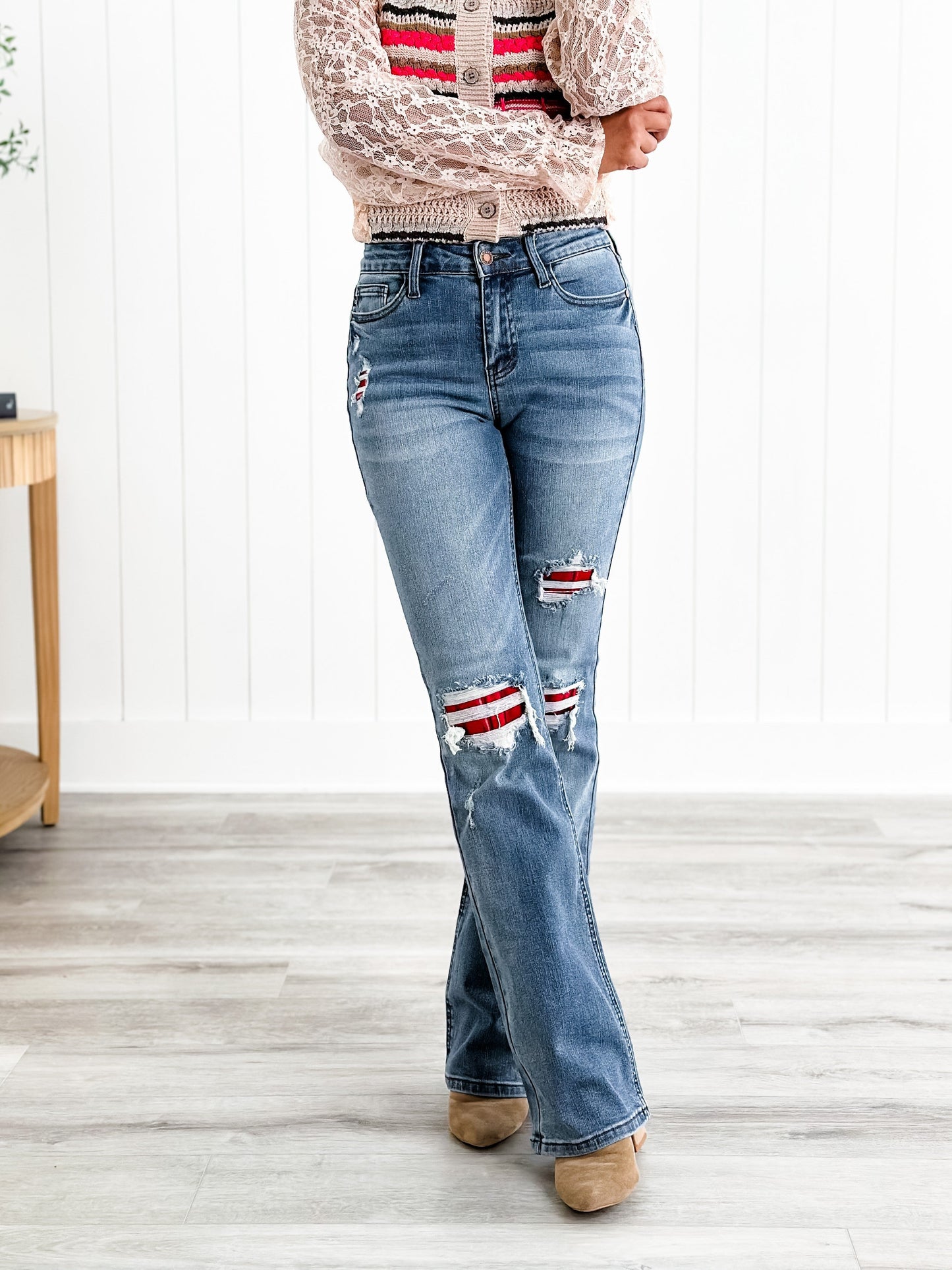 Judy Blue Plaid for You Mid Rise Medium Wash Bootcut Jeans With Patch Detail