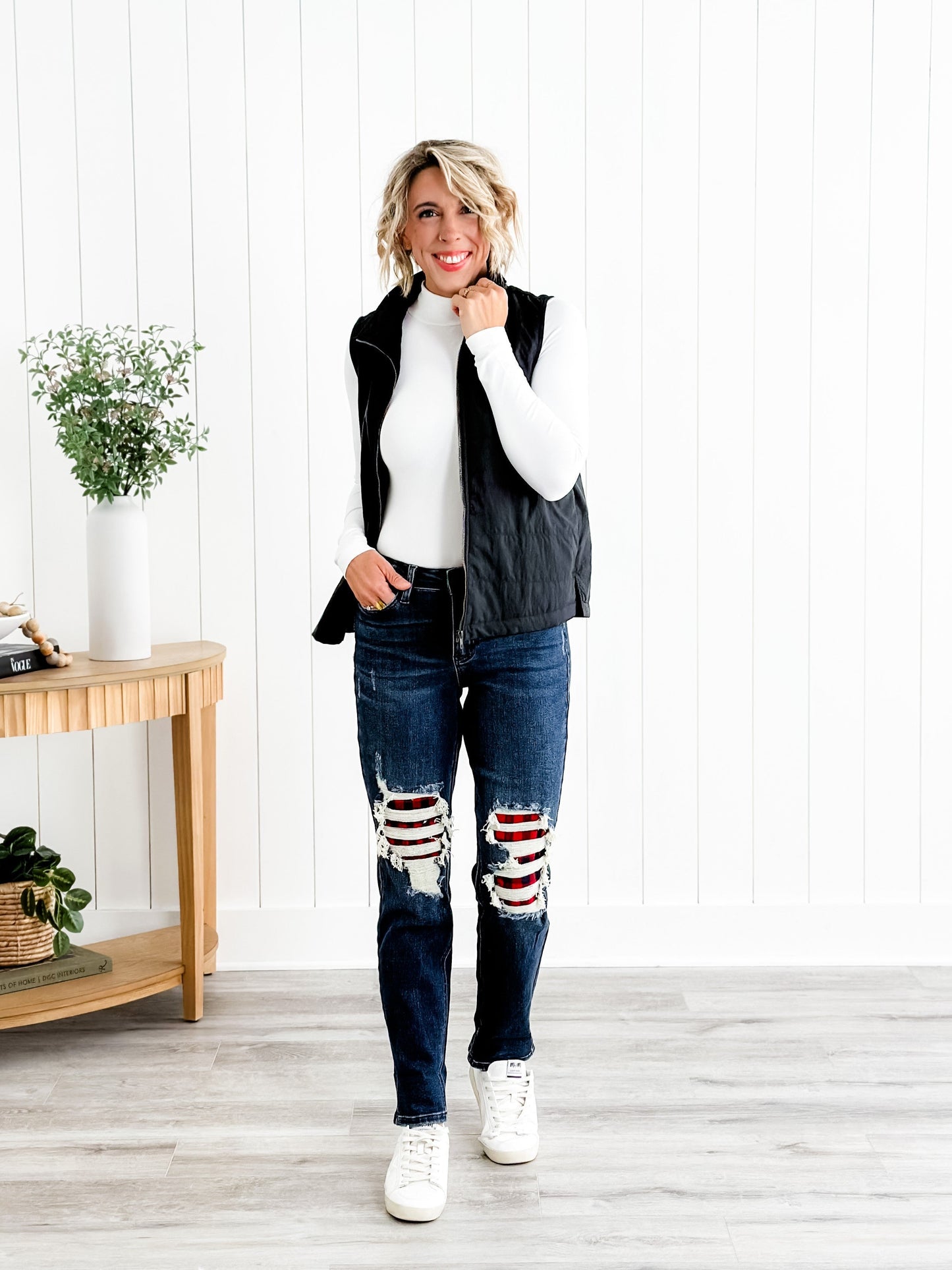 Judy Blue Warm and Cozy Mid Rise Dark Wash Boyfriend Buffalo Plaid Knee Destroy Patches With Cuff Jeans