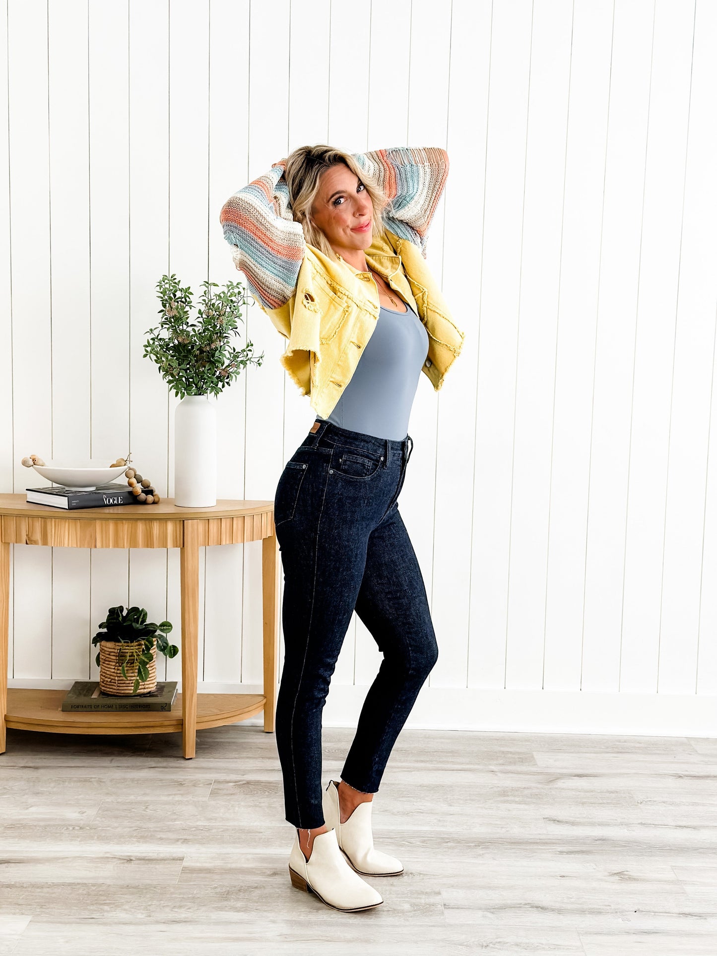 Judy Blue Starry Night High Rise Dark Wash Tummy Control Top Raw Hem Jeans
