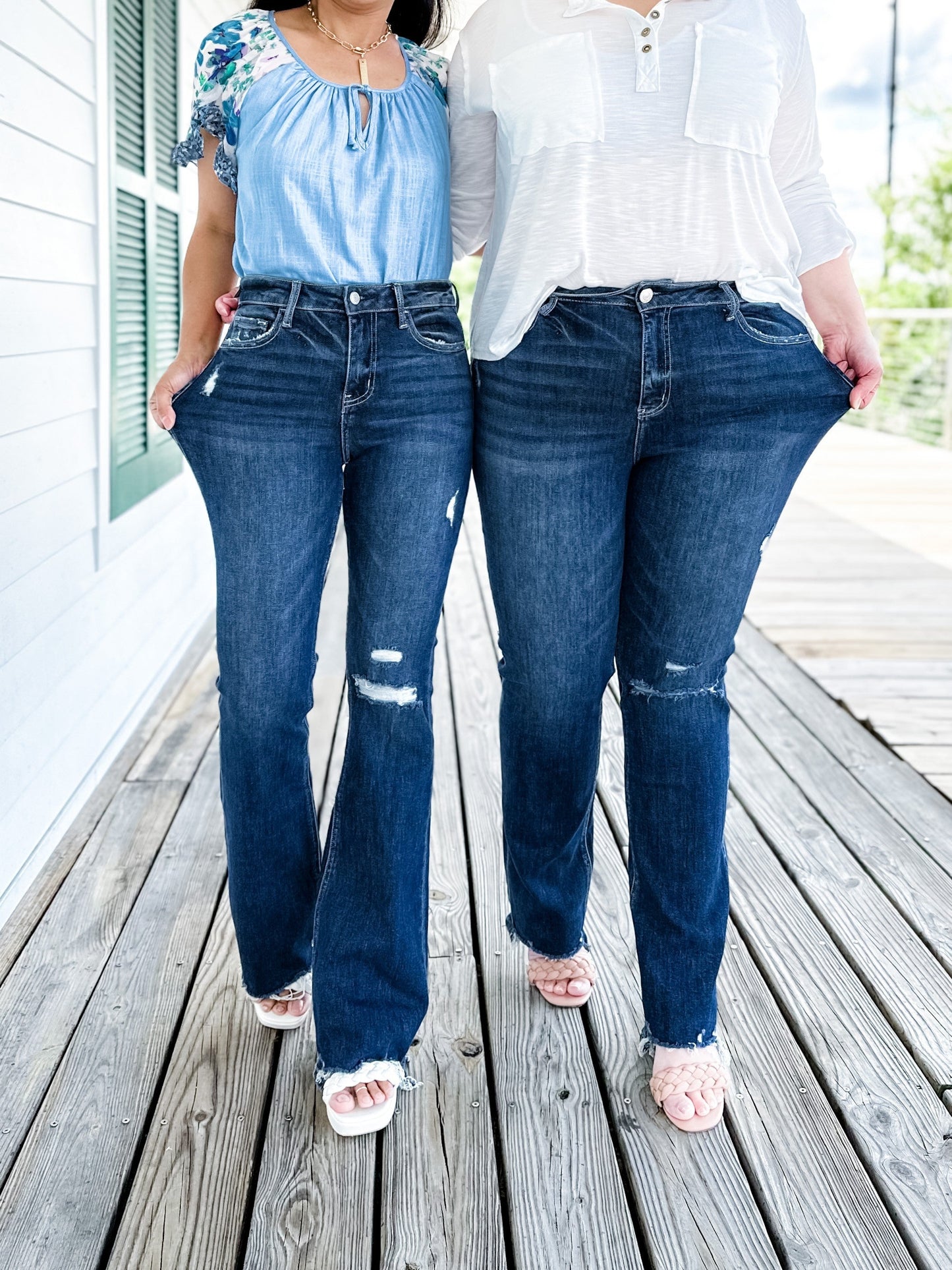 Plus/Reg Vervet High Rise Distressed Flare Jeans With Raw Hem