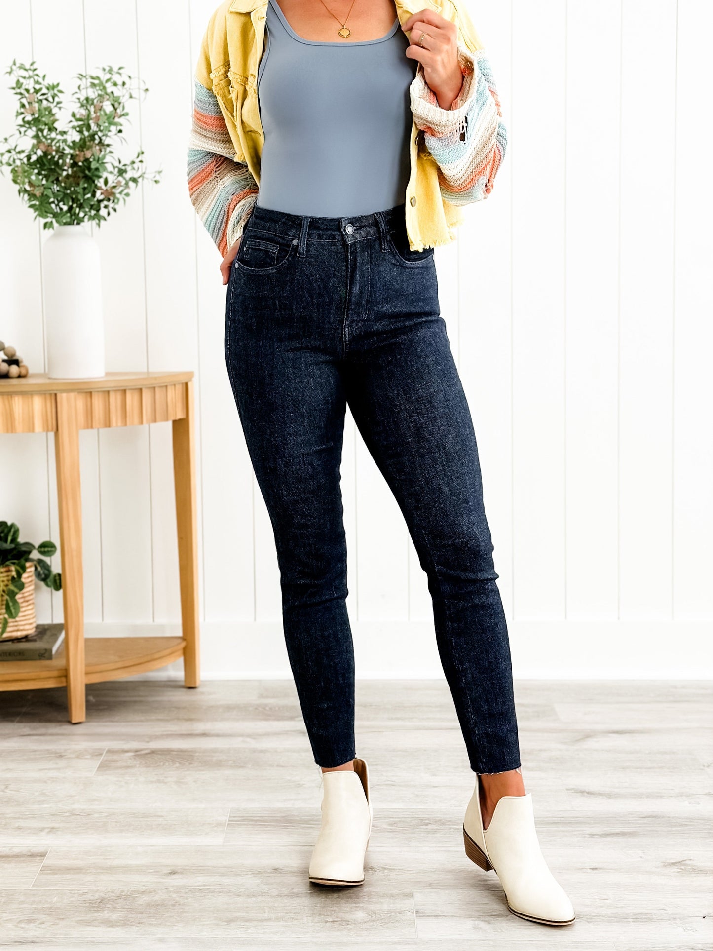 Judy Blue Starry Night High Rise Dark Wash Tummy Control Top Raw Hem Jeans