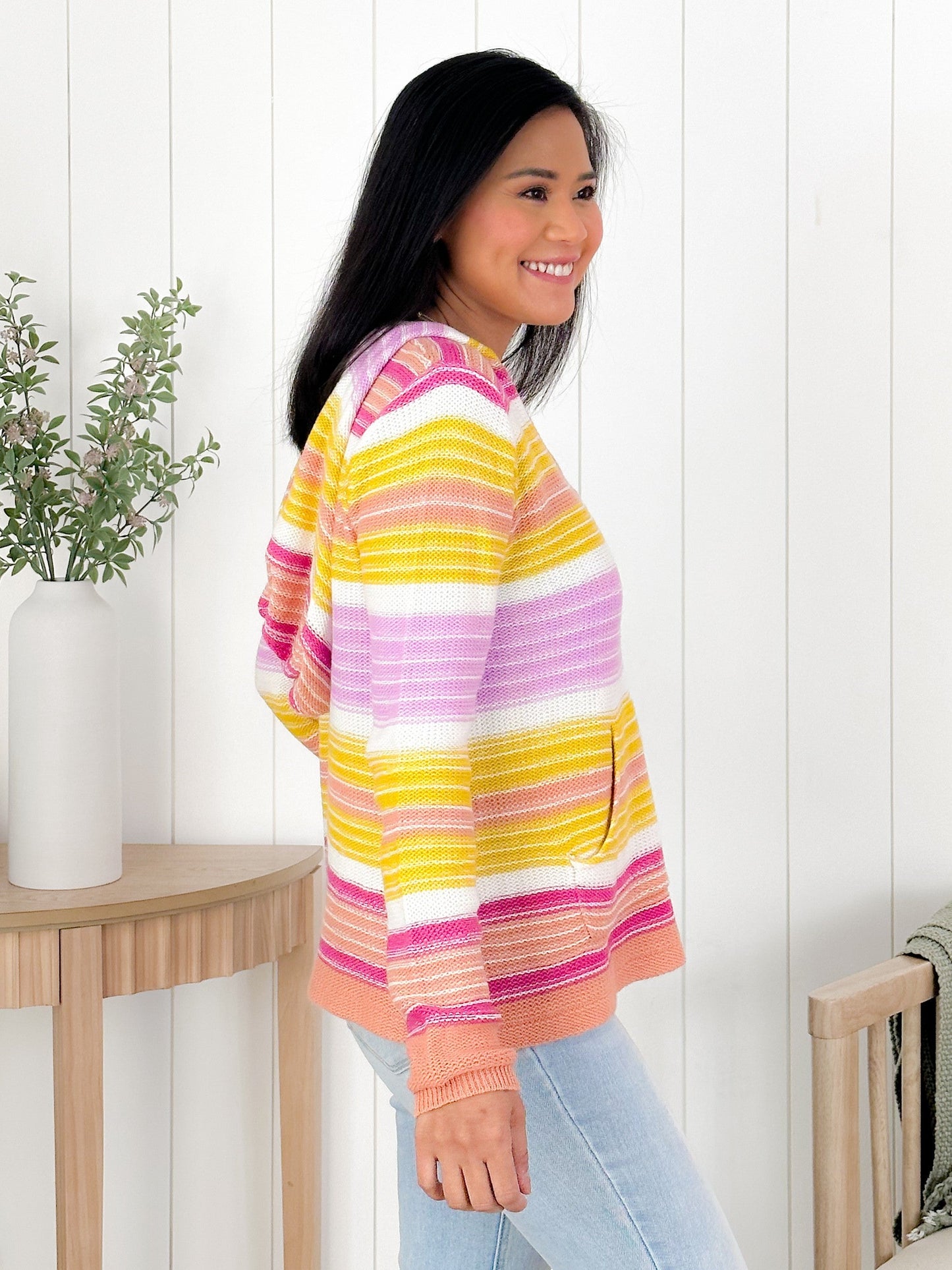 Multi Colored Stripe Long Sleeve Pullover Hoodie Sweater