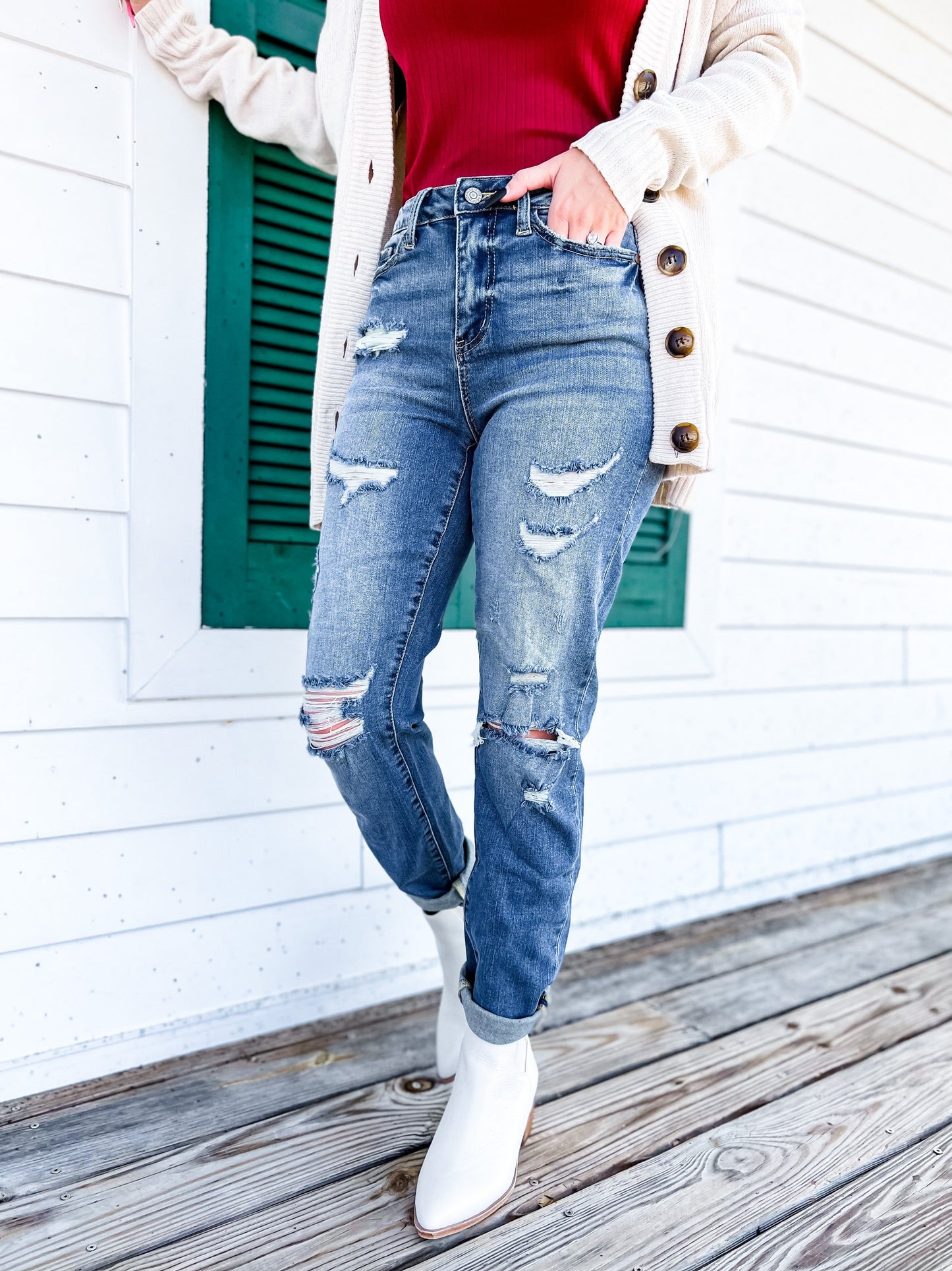 Judy Blue Boy Toy Light Wash High Rise Cuffed Boyfriend Distressed Jeans