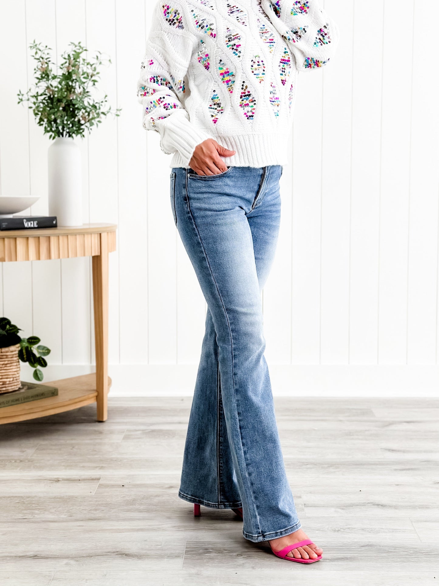 Freckled Poppy X Risen Wildest Dreams Mid Rise Medium Wash Basic Non Distressed Flare Jeans