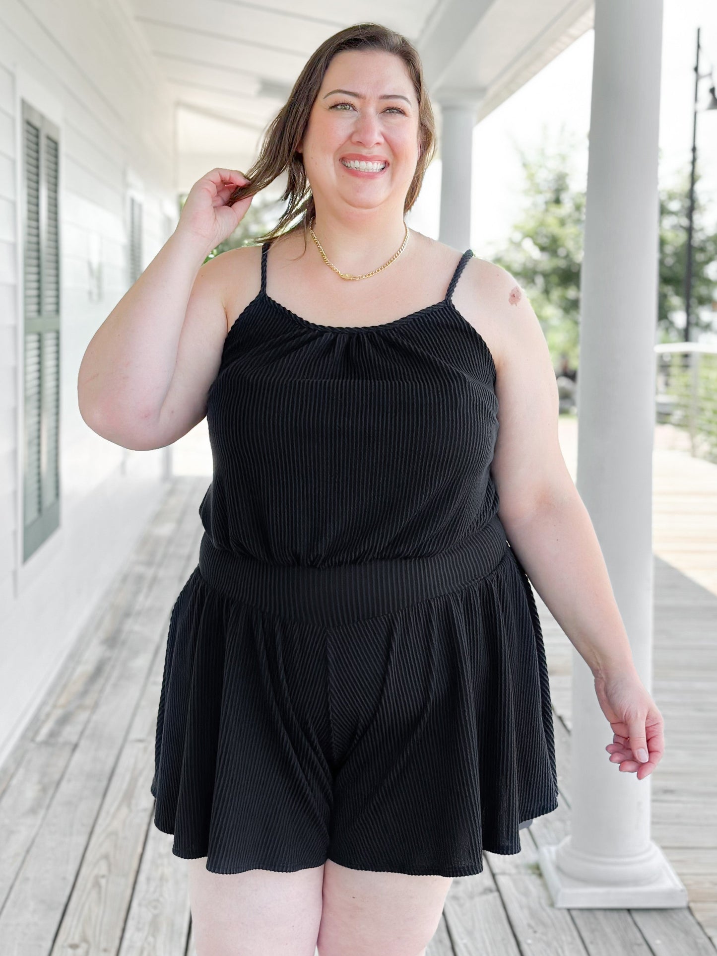 Plus/Reg Sleeveless Rib Knit Romper With Elastic Waist