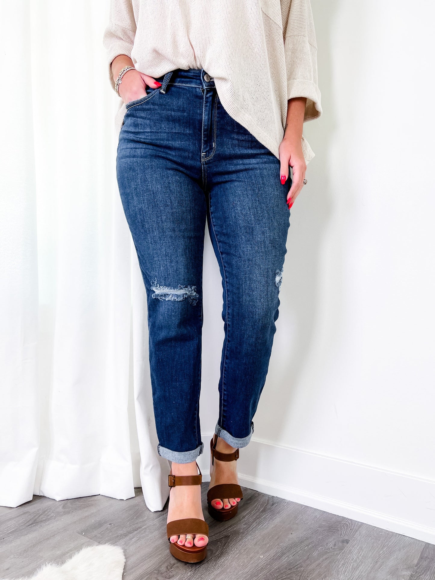 Judy Blue Casual Friday High Rise Cuffed Boyfriend Distressed Jeans