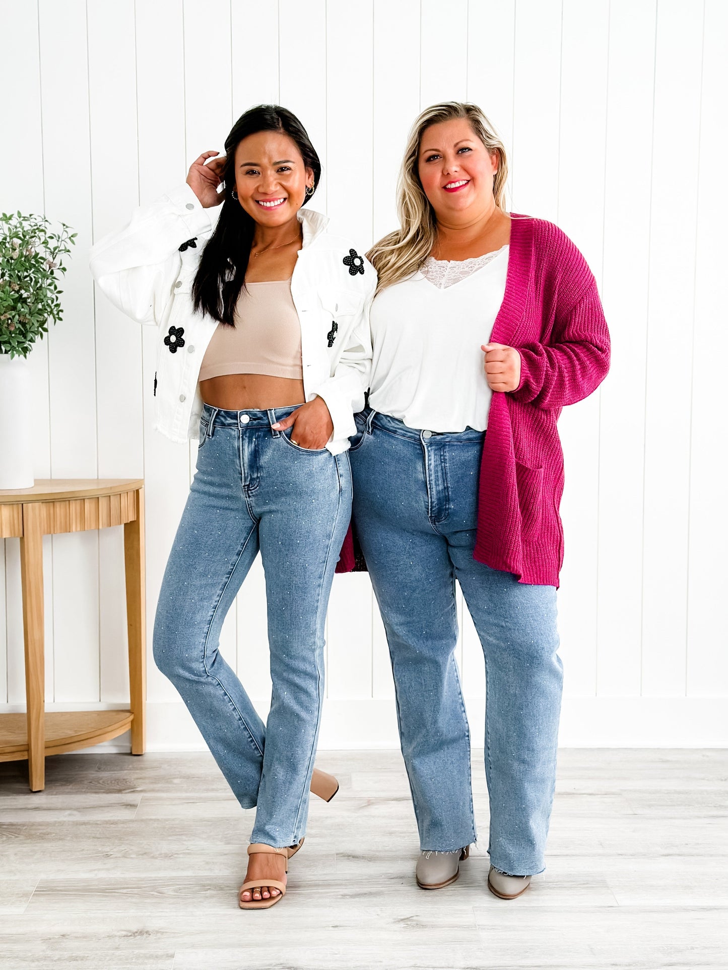Risen Medium Wash High Rise Slim Straight Jeans With Rhinestones