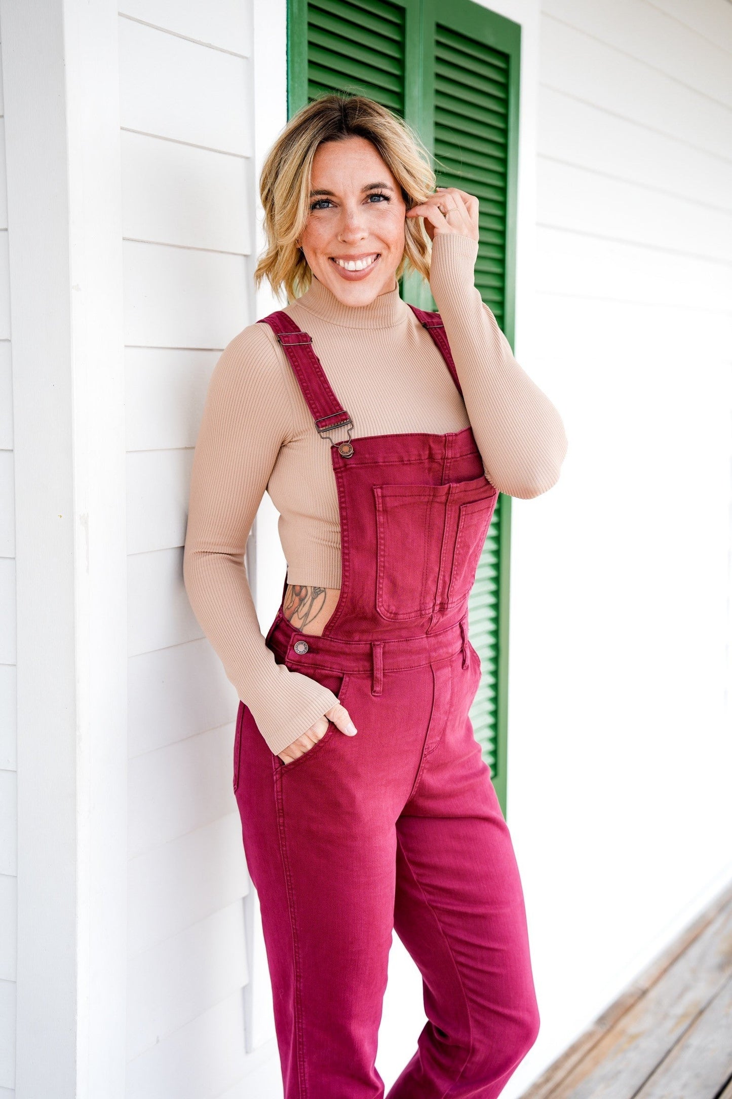 Judy Blue High Rise Maroon Garment Dyed Double Cuffed Boyfriend Overalls