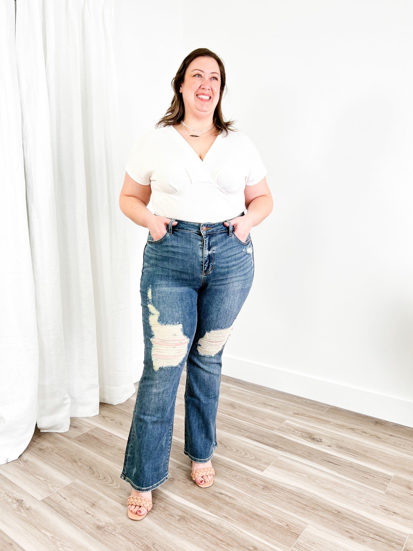 Judy Blue Country Roads Medium Wash Mid Rise Distressed Flare Long Inseam Jeans