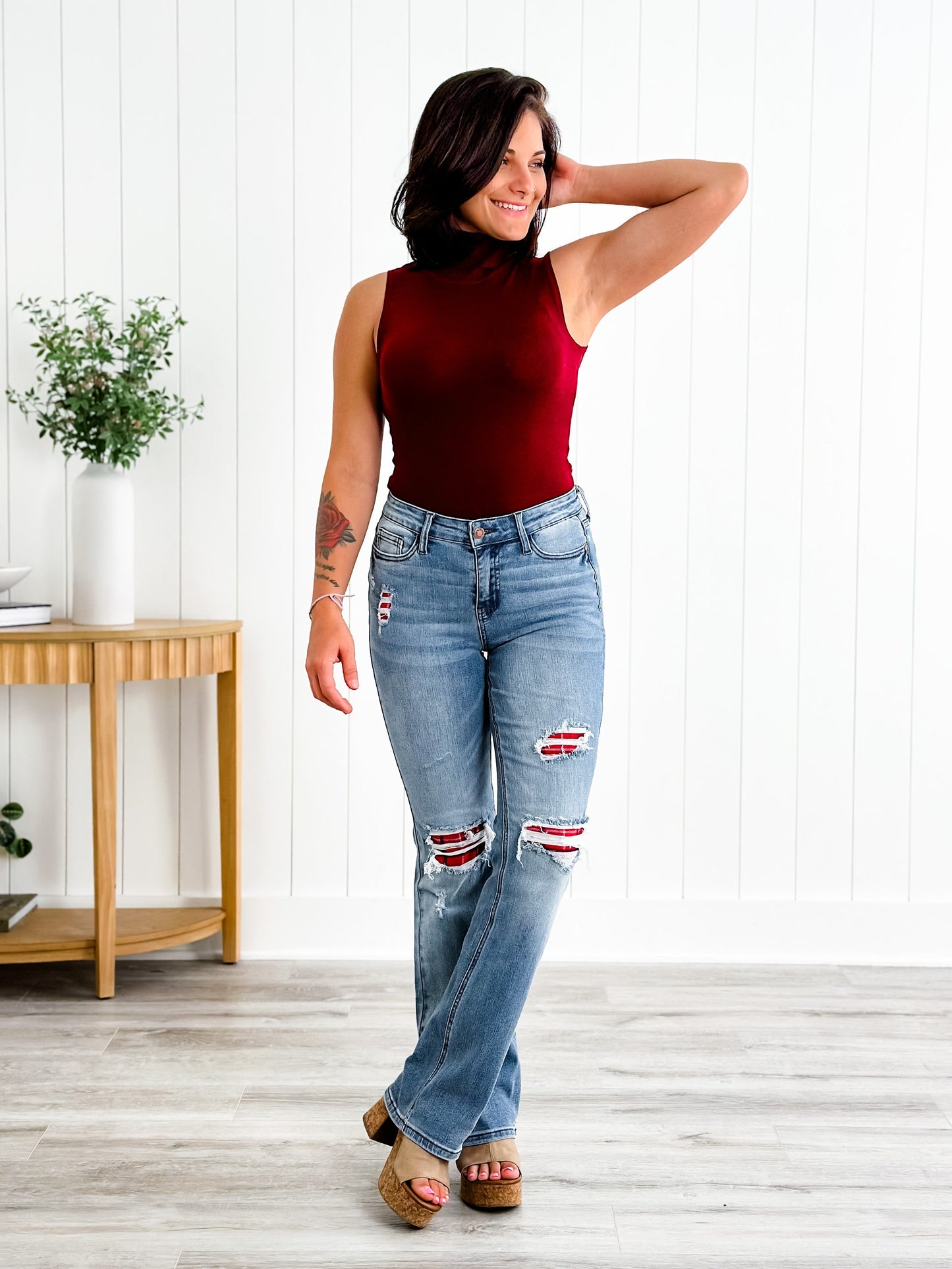 Judy Blue Plaid for You Mid Rise Medium Wash Bootcut Jeans With Patch Detail