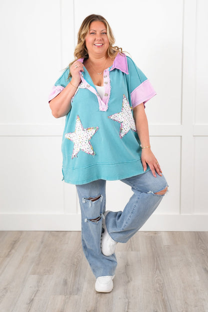 Star Patchwork Short Sleeve Button Up Tunic Top