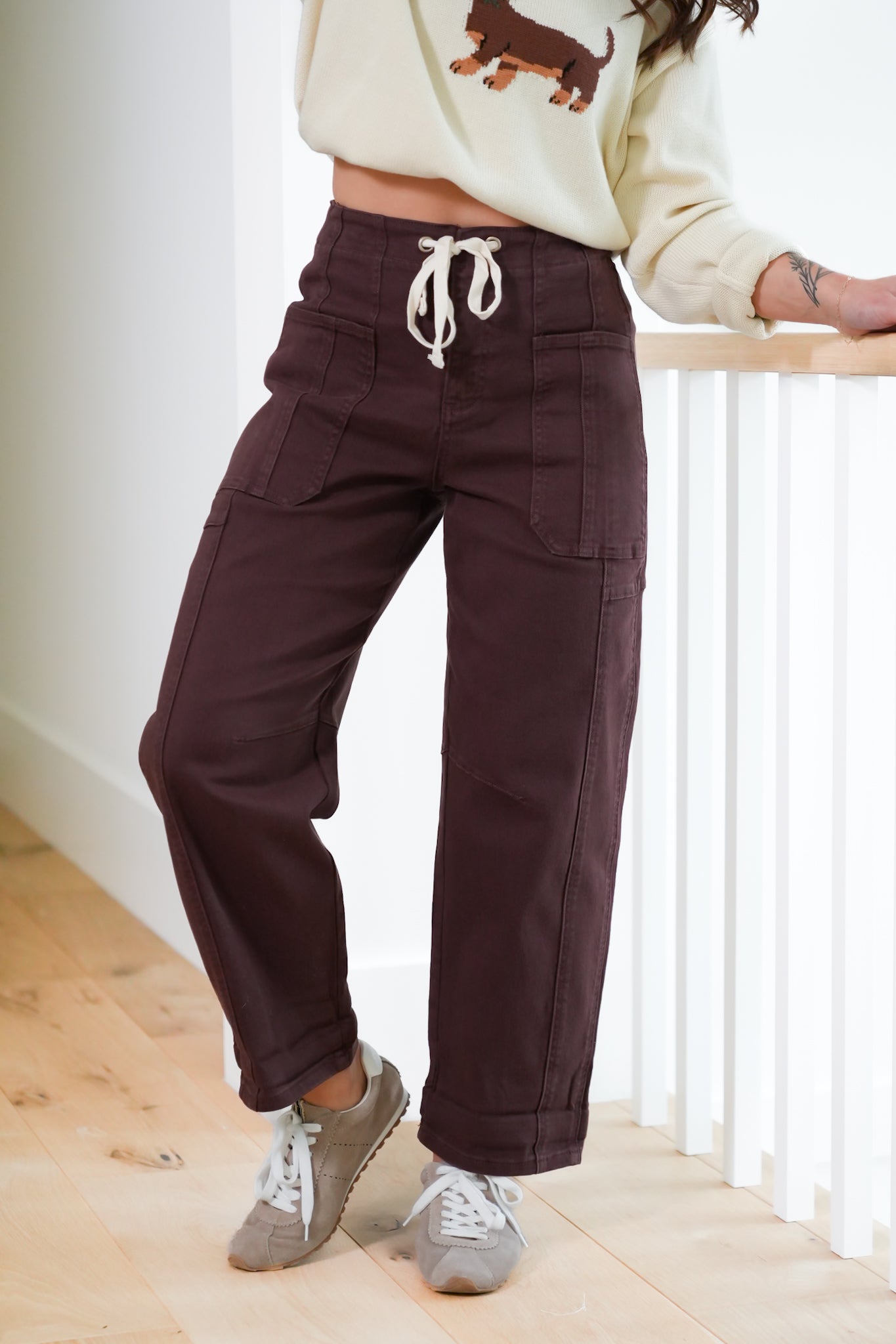 Risen High Rise Brown Wide Leg Barrel Cargo Jeans with Cuff