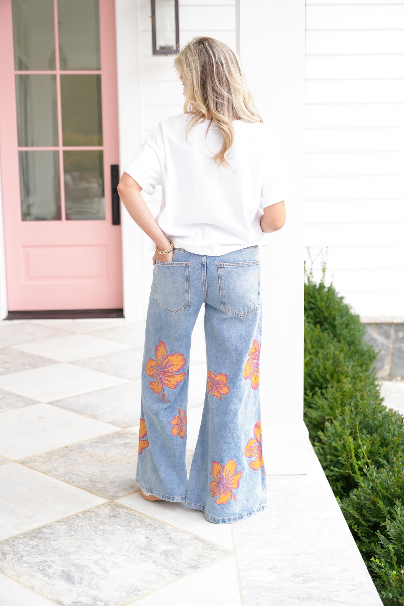 Multi-Inseam Hibiscus Print High Waist Wide Leg Denim Jeans