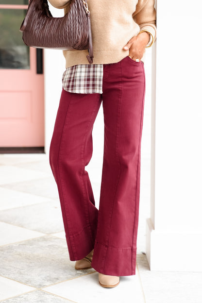 Risen Mid Rise Wine Tummy Control Wide Leg Jeans with Large Wide Hem