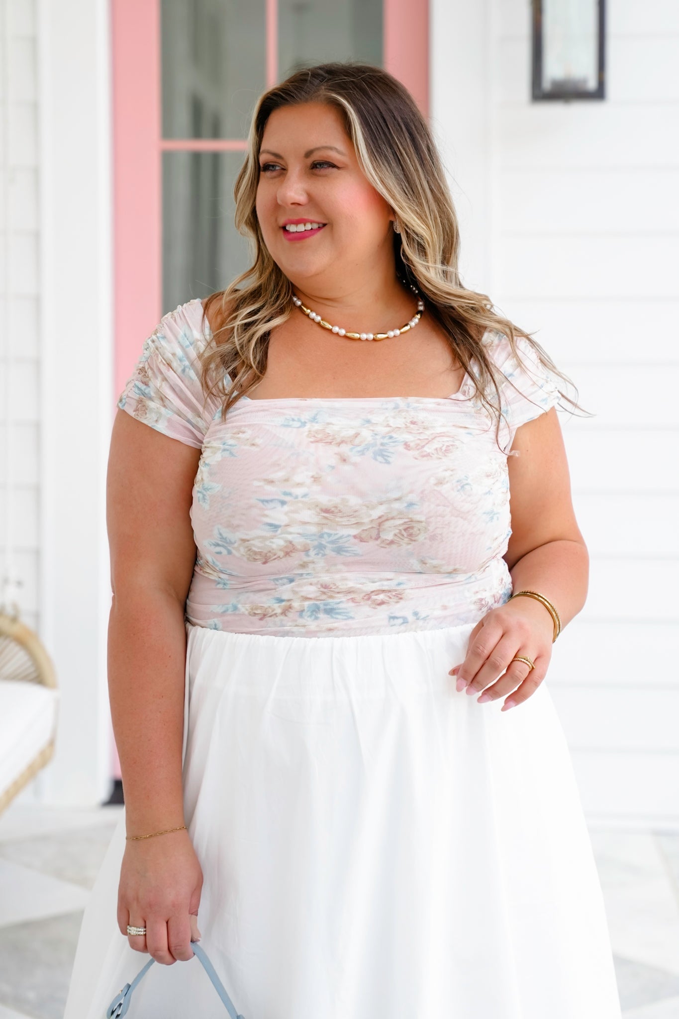 Floral Mesh Square Neck Top with Clinched Detail