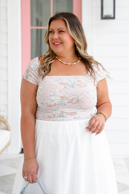 Floral Mesh Square Neck Top with Clinched Detail