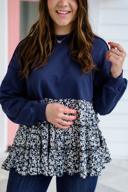 Navy Long Sleeve Sweatshirt with Floral Tiered Detail