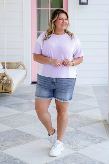 Plus/Reg Color Block Short Sleeve Round Neck Top With Side Slit