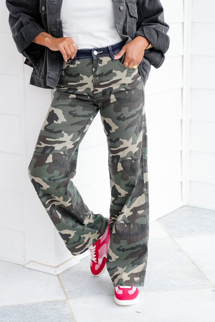 Risen Mid Rise Camo Wide Straight Leg Pants