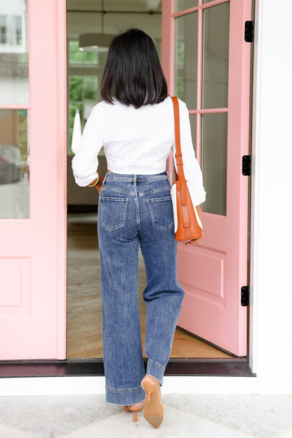 Mica High Rise Dark Wash Wide Leg Jeans with Front Seam Detail