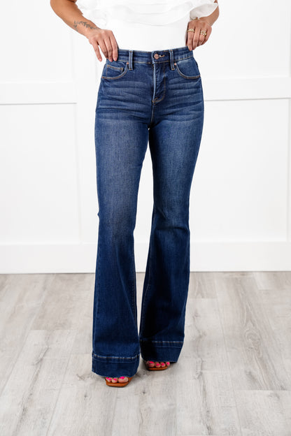 Risen High Rise Dark Wash Tummy Control Elastic Waistband Flare Jeans