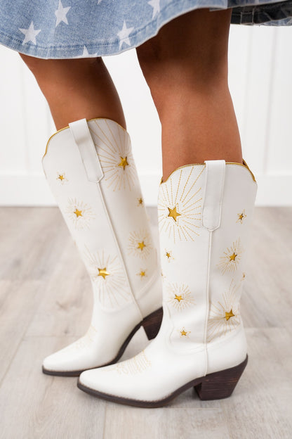 Western Knee High Heeled Boot with Star Cutout Accents